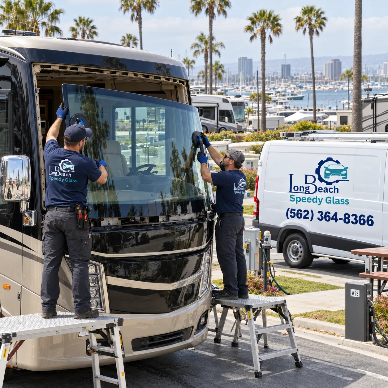 Long Beach Speedy Glass technicians installing an RV windshield in Long Beach, CA